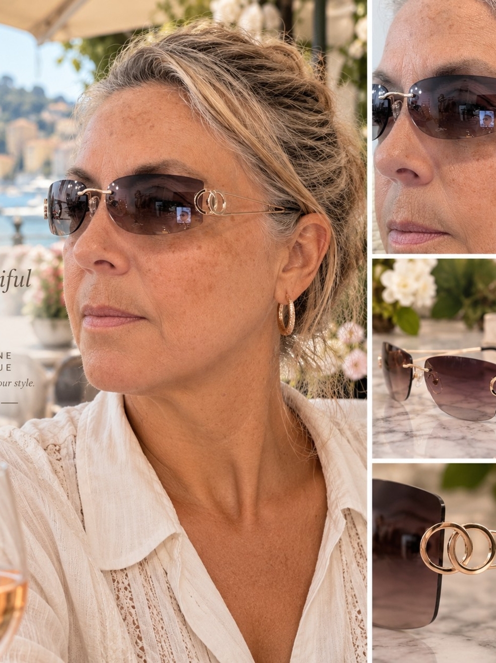 Rimless Women's Sunglasses with Silver Temples and Gray Lenses